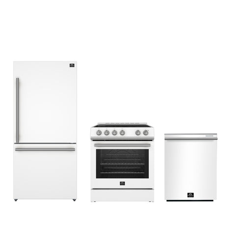 FORNO Premium 3-Piece Kitchen Bundle - Leonardo Espresso 30" White Range, 31" White Bottom Freezer Refrigerator, 24" White Built-In Dishwasher - FBDL-007-03US
