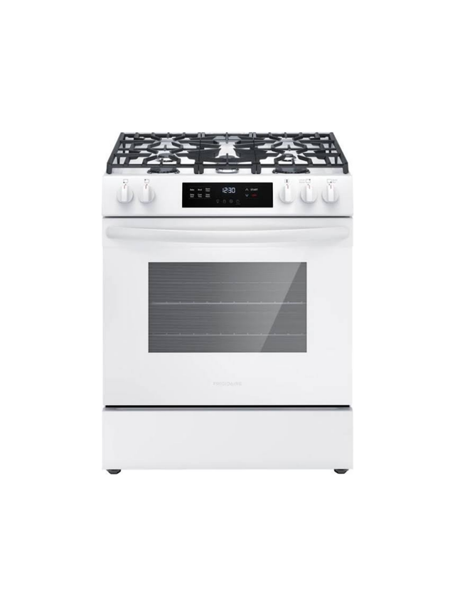 Frigidaire - 30 in. 5 Burners Slide in Front Control Gas Range with Steam Clean in White

