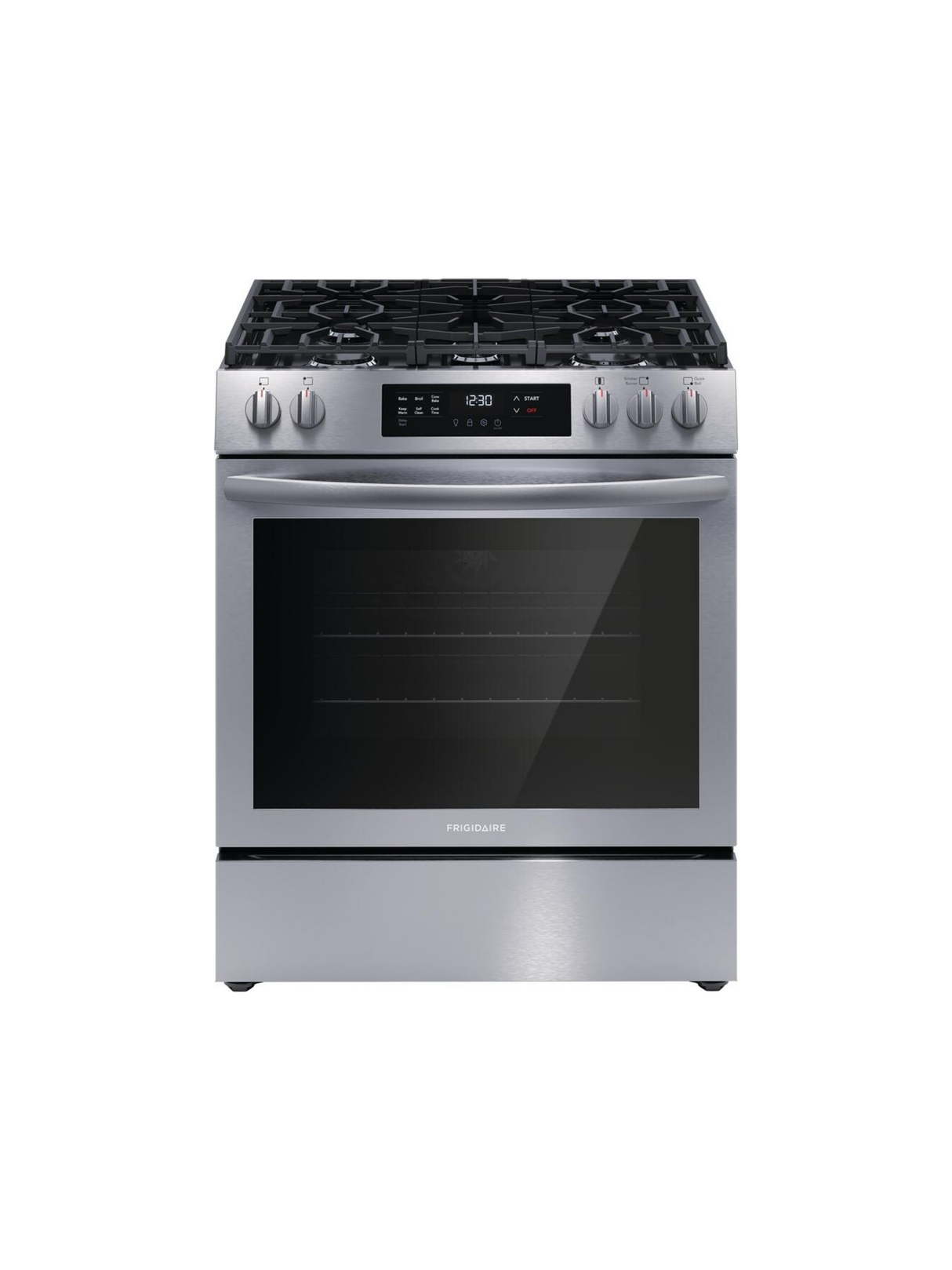 Frigidaire - 30 in. 5 Burners Slide-In Front Control Self-Cleaning Gas Range with Convection in Stainless Steel
