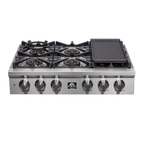 Forno Spezia Alta Qualita 36-Inch Pro-Style Gas Rangetop, Stainless Steel, 6 Sealed Burners, Continuous Cast Iron Grates, High Heat Output