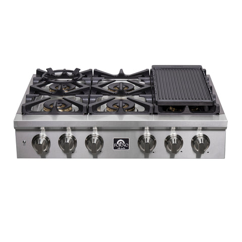Forno Spezia Alta Qualita 36-Inch Pro-Style Gas Rangetop, Stainless Steel, 6 Sealed Burners, Continuous Cast Iron Grates, High Heat Output