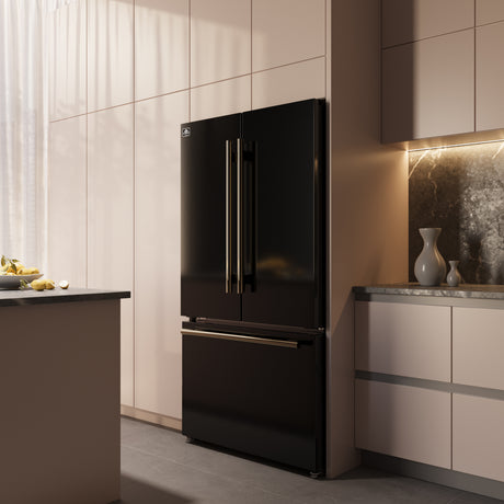 Forno Rivello 36 Inch French Door Refrigerator in Black with Antique Brass, Internal Water Dispenser, Filtered Ice, Adjustable Shelves, Energy Star Certified