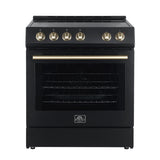 FORNO Premium 3-Piece Kitchen Bundle - Leonardo Espresso 30" Black Range, 30" Black Range Hood, 31" Black Bottom Freezer Refrigerator - FBDL-001-02US