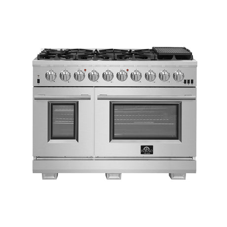 FORNO Premium 3-Piece Kitchen Bundle - FORNO Capriasca 48" Freestanding Gas Range, FORNO Rizzuto 60" W. Dual Combo Convertible Refrigerator, FORNO 48" Wall Mount Range Hood - FBDL-019-05US