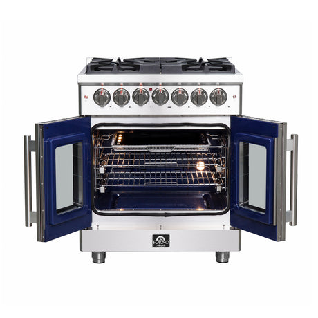 Forno Massimo 30-Inch Freestanding French Door Dual Fuel Range, 4 Burners, True Convection Oven