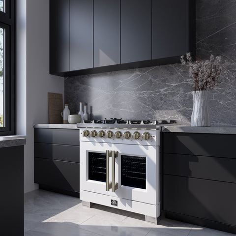 Forno Capriasca 36 Inch Freestanding French Door Dual Fuel Range in White with Antique Brass Accessories, 6 Burners, True Convection Oven