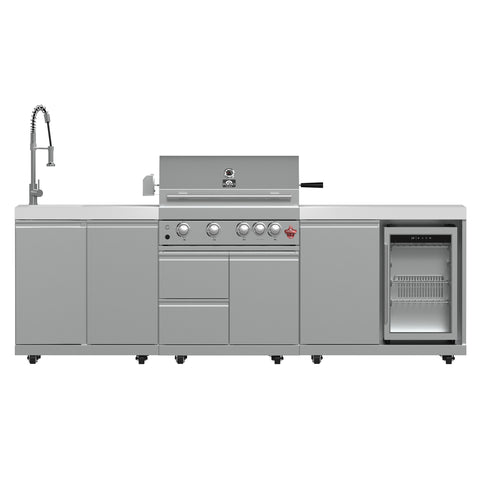 FORNO Bulnes 30-Inch BBQ, 60,000 BTU, 3 Burners with Sear & Rotisserie Infrared Burners, Stainless Steel Outdoor Kitchen with 1.8 cu.ft. Beverage Center & White Sintered Stone Countertops