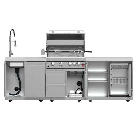 FORNO Bulnes 30-Inch BBQ, 60,000 BTU, 3 Burners with Sear & Rotisserie Infrared Burners, Stainless Steel Outdoor Kitchen with 1.8 cu.ft. Beverage Center & White Sintered Stone Countertops