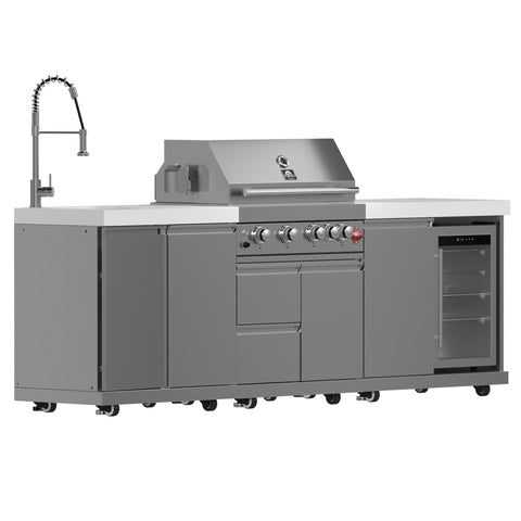 FORNO Bulnes 30-Inch BBQ, 60,000 BTU, 3 Burners with Sear & Rotisserie Infrared Burners, Stainless Steel Outdoor Kitchen with 1.8 cu.ft. Beverage Center & White Sintered Stone Countertops