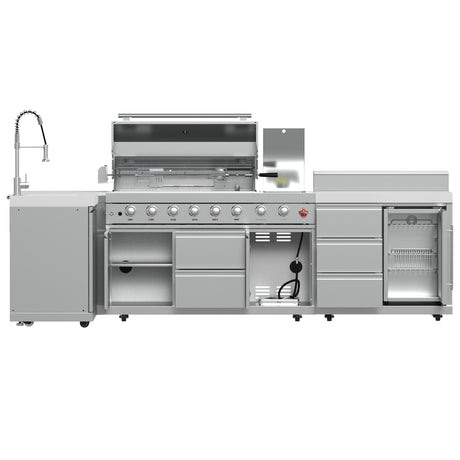 FORNO Bulnes 40-Inch BBQ, 95,000 BTU, 5 Burners, Sear & Rotisserie Infrared with Side Burner, Stainless Steel Outdoor Kitchen with 1.8 cu.ft. Beverage Center & White Sintered Stone Countertops