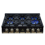 Valente 36" Gas Cooktop in Black, 6 Sealed burners, 71,000 BUT Output, 1 Antique Brass Dual-Ring Burner, Continuous Cast Iron Grates