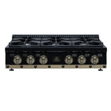 Valente 36" Gas Cooktop in Black, 6 Sealed burners, 71,000 BUT Output, 1 Antique Brass Dual-Ring Burner, Continuous Cast Iron Grates