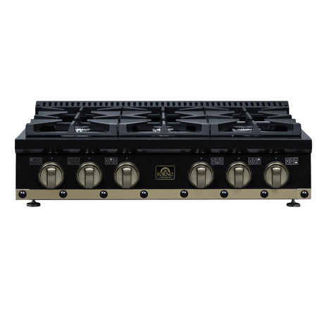Valente 36" Gas Cooktop in Black, 6 Sealed burners, 71,000 BUT Output, 1 Antique Brass Dual-Ring Burner, Continuous Cast Iron Grates