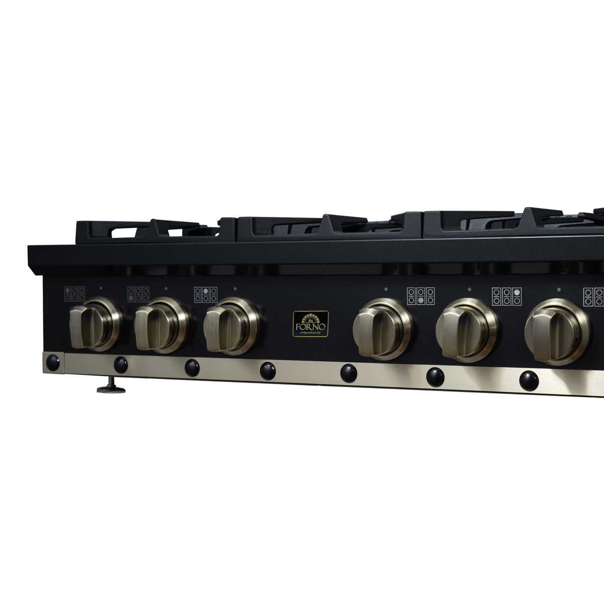 Valente 36" Gas Cooktop in Black, 6 Sealed burners, 71,000 BUT Output, 1 Antique Brass Dual-Ring Burner, Continuous Cast Iron Grates