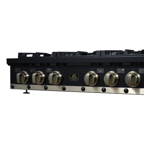 Valente 36" Gas Cooktop in Black, 6 Sealed burners, 71,000 BUT Output, 1 Antique Brass Dual-Ring Burner, Continuous Cast Iron Grates