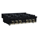 Valente 36" Gas Cooktop in Black, 6 Sealed burners, 71,000 BUT Output, 1 Antique Brass Dual-Ring Burner, Continuous Cast Iron Grates