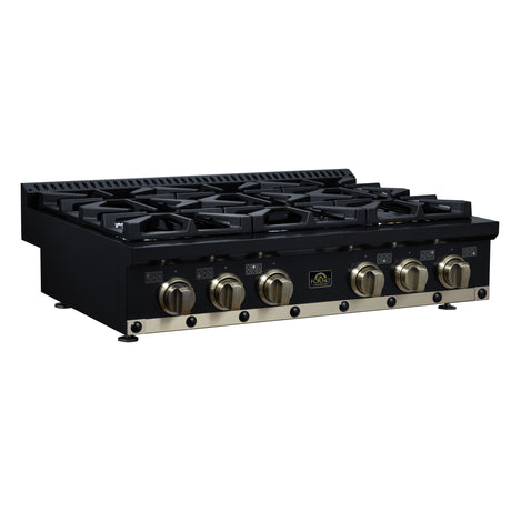 Valente 36" Gas Cooktop in Black, 6 Sealed burners, 71,000 BUT Output, 1 Antique Brass Dual-Ring Burner, Continuous Cast Iron Grates