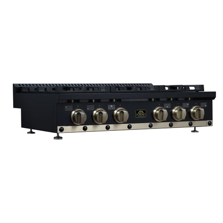 Valente 36" Gas Cooktop in Black, 6 Sealed burners, 71,000 BUT Output, 1 Antique Brass Dual-Ring Burner, Continuous Cast Iron Grates