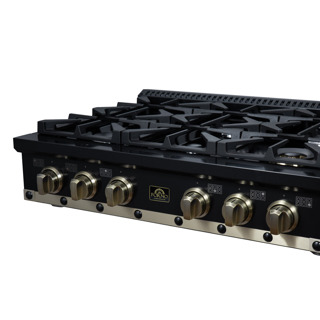Valente 36" Gas Cooktop in Black, 6 Sealed burners, 71,000 BUT Output, 1 Antique Brass Dual-Ring Burner, Continuous Cast Iron Grates