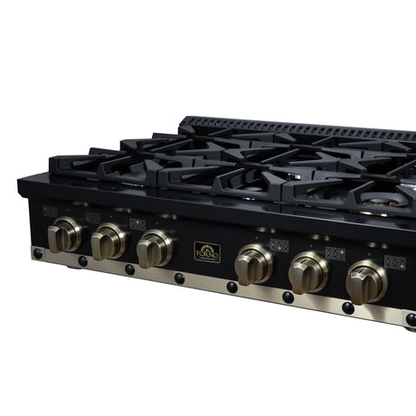 Valente 36" Gas Cooktop in Black, 6 Sealed burners, 71,000 BUT Output, 1 Antique Brass Dual-Ring Burner, Continuous Cast Iron Grates