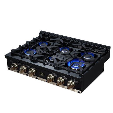 Valente 36" Gas Cooktop in Black, 6 Sealed burners, 71,000 BUT Output, 1 Antique Brass Dual-Ring Burner, Continuous Cast Iron Grates