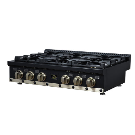 Valente 36" Gas Cooktop in Black, 6 Sealed burners, 71,000 BUT Output, 1 Antique Brass Dual-Ring Burner, Continuous Cast Iron Grates