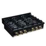 Valente 36" Gas Cooktop in Black, 6 Sealed burners, 71,000 BUT Output, 1 Antique Brass Dual-Ring Burner, Continuous Cast Iron Grates