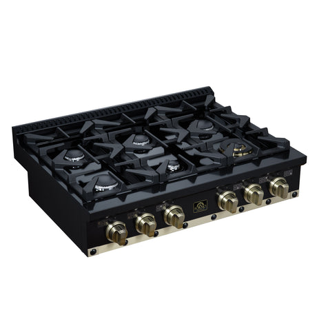 Valente 36" Gas Cooktop in Black, 6 Sealed burners, 71,000 BUT Output, 1 Antique Brass Dual-Ring Burner, Continuous Cast Iron Grates
