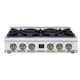 Valente 36" Gas Cooktop in White, 6 Sealed burners, 71,000 BUT Output, 1 Antique Brass Dual-Ring Burner, Continuous Cast Iron Grates
