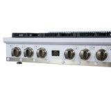Valente 36" Gas Cooktop in White, 6 Sealed burners, 71,000 BUT Output, 1 Antique Brass Dual-Ring Burner, Continuous Cast Iron Grates