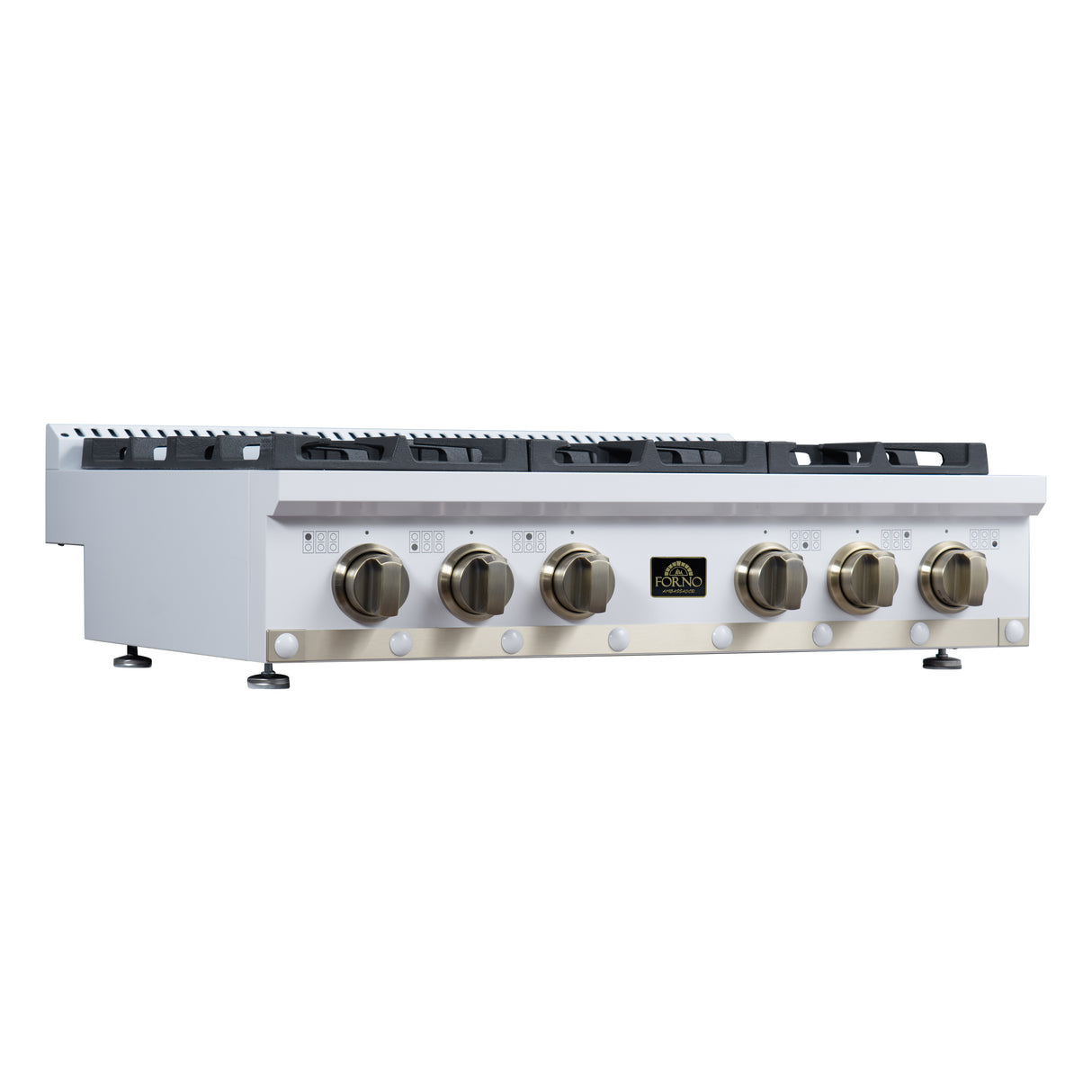 Valente 36" Gas Cooktop in White, 6 Sealed burners, 71,000 BUT Output, 1 Antique Brass Dual-Ring Burner, Continuous Cast Iron Grates