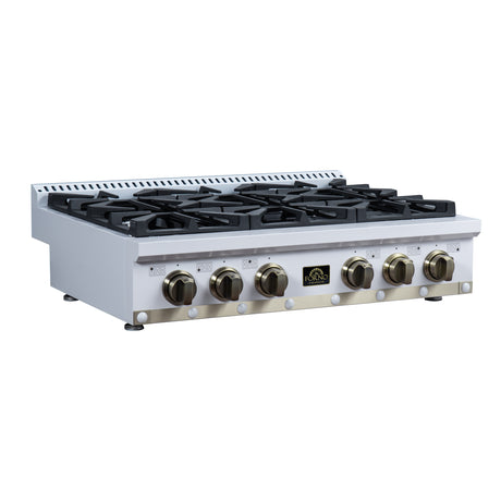 Valente 36" Gas Cooktop in White, 6 Sealed burners, 71,000 BUT Output, 1 Antique Brass Dual-Ring Burner, Continuous Cast Iron Grates