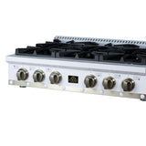 Valente 36" Gas Cooktop in White, 6 Sealed burners, 71,000 BUT Output, 1 Antique Brass Dual-Ring Burner, Continuous Cast Iron Grates