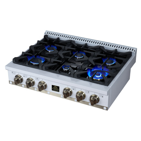 Valente 36" Gas Cooktop in White, 6 Sealed burners, 71,000 BUT Output, 1 Antique Brass Dual-Ring Burner, Continuous Cast Iron Grates