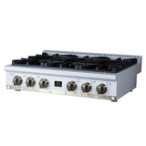Valente 36" Gas Cooktop in White, 6 Sealed burners, 71,000 BUT Output, 1 Antique Brass Dual-Ring Burner, Continuous Cast Iron Grates