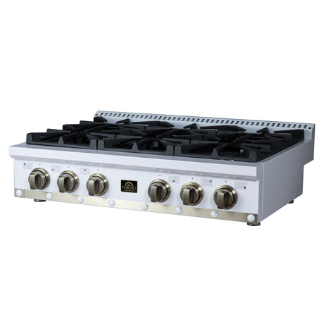 Valente 36" Gas Cooktop in White, 6 Sealed burners, 71,000 BUT Output, 1 Antique Brass Dual-Ring Burner, Continuous Cast Iron Grates