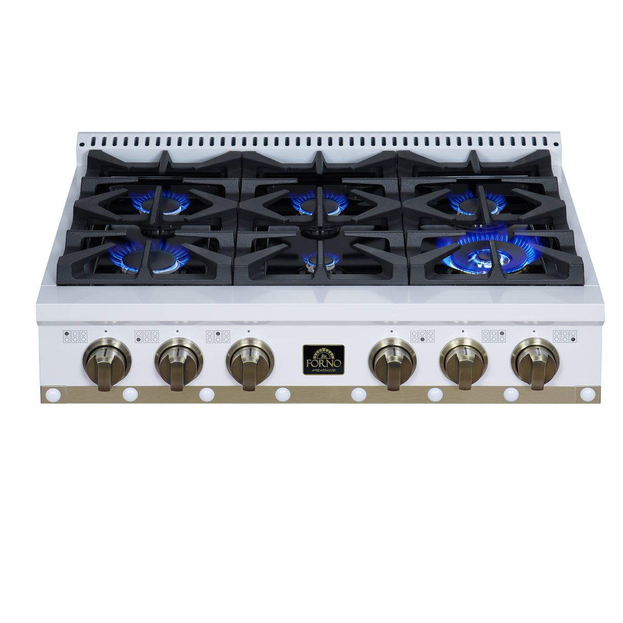 Valente 36" Gas Cooktop in White, 6 Sealed burners, 71,000 BUT Output, 1 Antique Brass Dual-Ring Burner, Continuous Cast Iron Grates