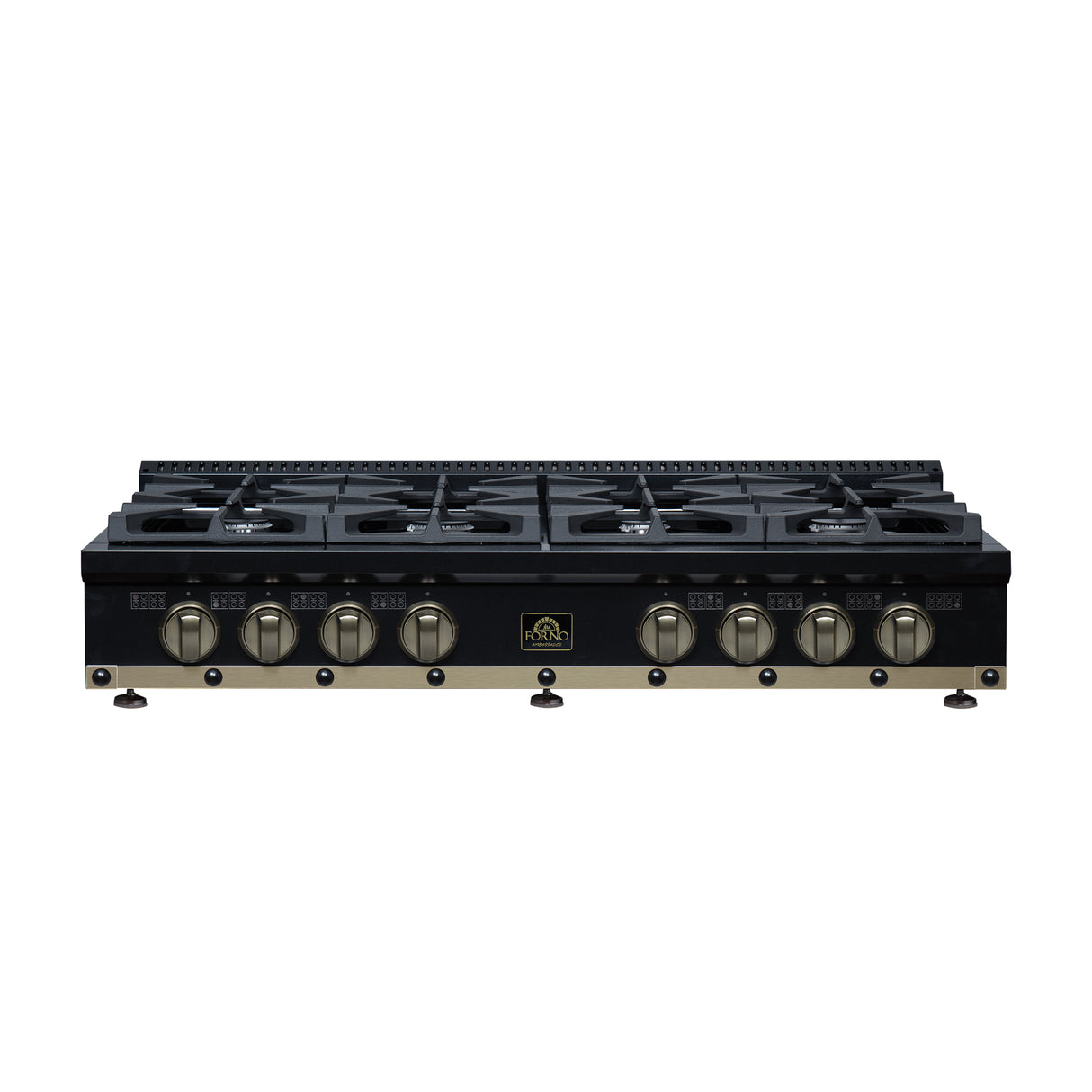 Valente 48" Gas Cooktop in Black, 8 Sealed burners, 94,000 BUT Output, 2 Antique Brass Dual-Ring Burners, Continuous Cast Iron Grates