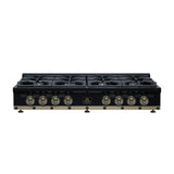 Valente 48" Gas Cooktop in Black, 8 Sealed burners, 94,000 BUT Output, 2 Antique Brass Dual-Ring Burners, Continuous Cast Iron Grates
