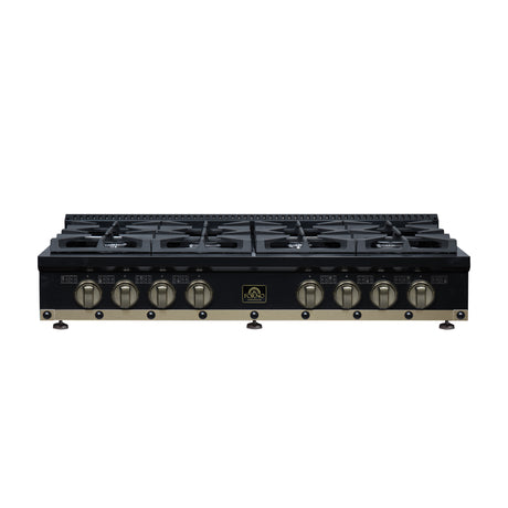 Valente 48" Gas Cooktop in Black, 8 Sealed burners, 94,000 BUT Output, 2 Antique Brass Dual-Ring Burners, Continuous Cast Iron Grates
