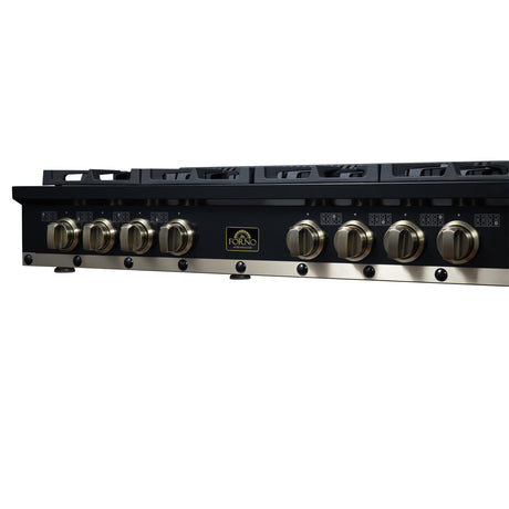 Valente 48" Gas Cooktop in Black, 8 Sealed burners, 94,000 BUT Output, 2 Antique Brass Dual-Ring Burners, Continuous Cast Iron Grates