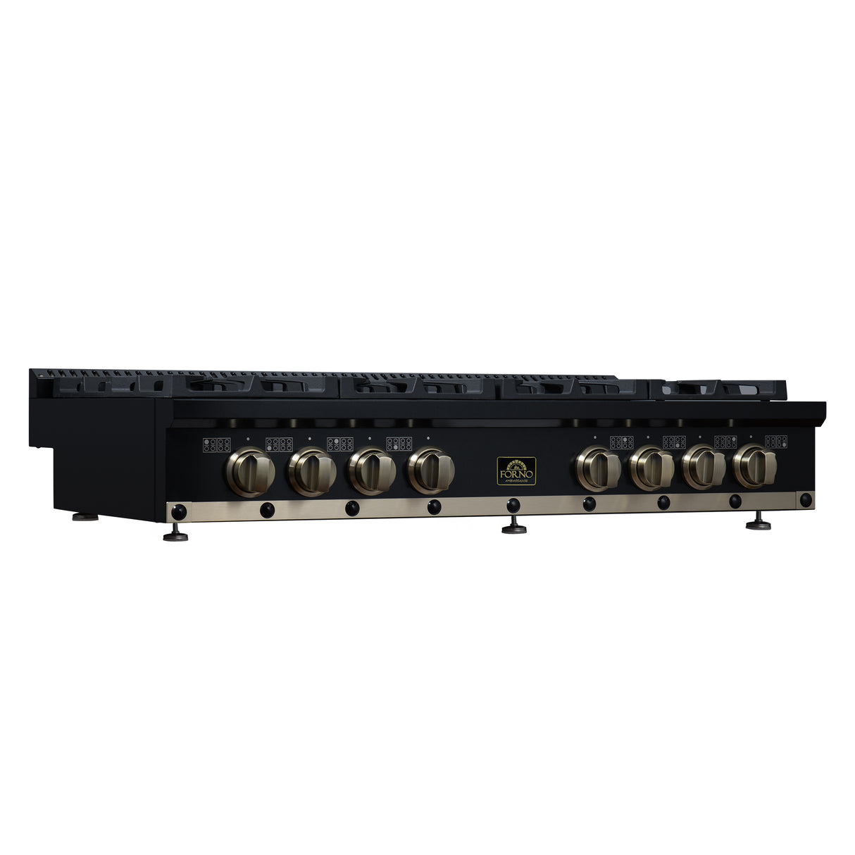 Valente 48" Gas Cooktop in Black, 8 Sealed burners, 94,000 BUT Output, 2 Antique Brass Dual-Ring Burners, Continuous Cast Iron Grates