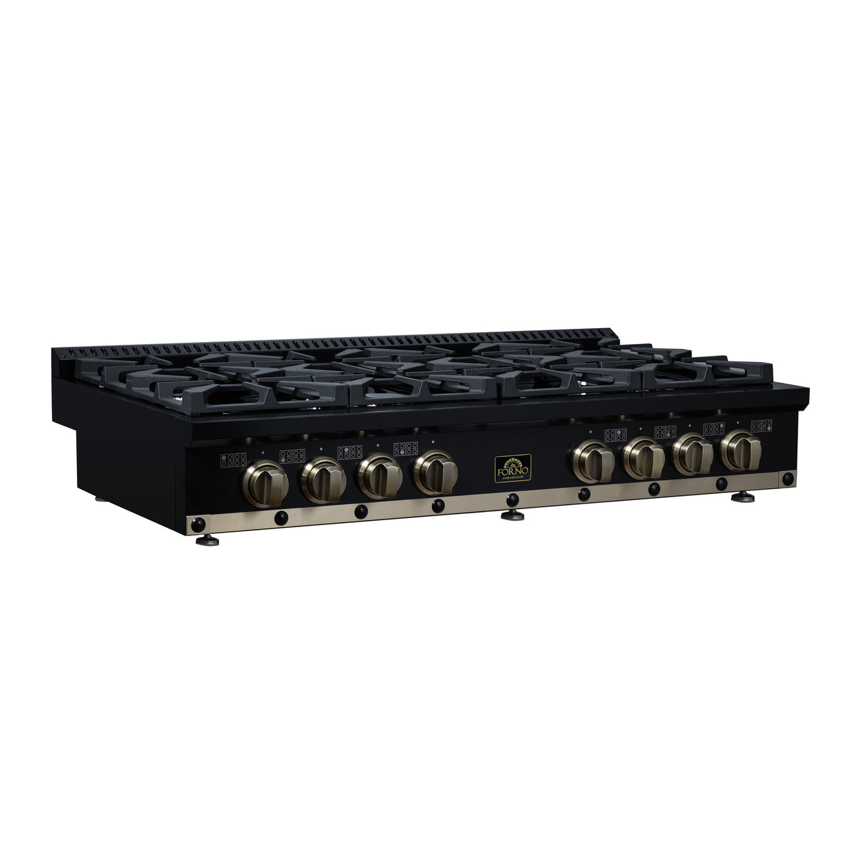 Valente 48" Gas Cooktop in Black, 8 Sealed burners, 94,000 BUT Output, 2 Antique Brass Dual-Ring Burners, Continuous Cast Iron Grates