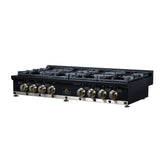 Valente 48" Gas Cooktop in Black, 8 Sealed burners, 94,000 BUT Output, 2 Antique Brass Dual-Ring Burners, Continuous Cast Iron Grates