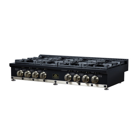 Valente 48" Gas Cooktop in Black, 8 Sealed burners, 94,000 BUT Output, 2 Antique Brass Dual-Ring Burners, Continuous Cast Iron Grates