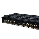 Valente 48" Gas Cooktop in Black, 8 Sealed burners, 94,000 BUT Output, 2 Antique Brass Dual-Ring Burners, Continuous Cast Iron Grates