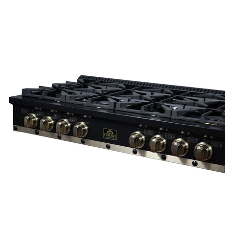 Valente 48" Gas Cooktop in Black, 8 Sealed burners, 94,000 BUT Output, 2 Antique Brass Dual-Ring Burners, Continuous Cast Iron Grates