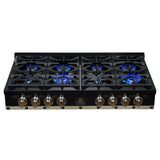 Valente 48" Gas Cooktop in Black, 8 Sealed burners, 94,000 BUT Output, 2 Antique Brass Dual-Ring Burners, Continuous Cast Iron Grates
