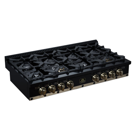 Valente 48" Gas Cooktop in Black, 8 Sealed burners, 94,000 BUT Output, 2 Antique Brass Dual-Ring Burners, Continuous Cast Iron Grates