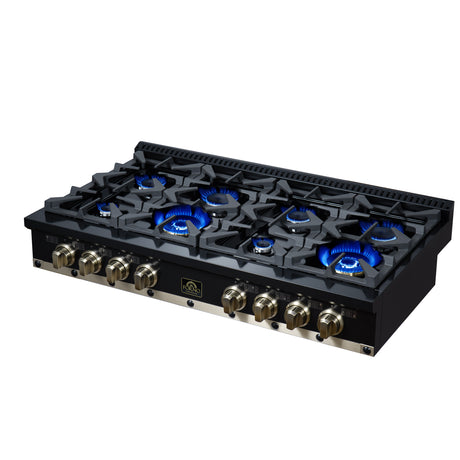 Valente 48" Gas Cooktop in Black, 8 Sealed burners, 94,000 BUT Output, 2 Antique Brass Dual-Ring Burners, Continuous Cast Iron Grates